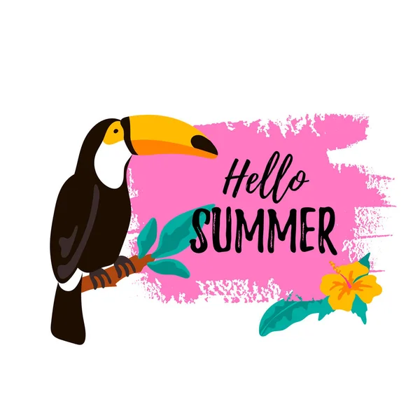 Hallo zomer banner met Toucan en tropische bladeren en bloemen. — Stockvector