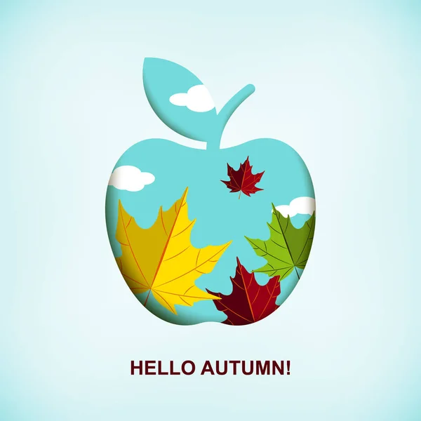 Hola pancarta de otoño con hojas de manzana y otoño. Vector illustr — Vector de stock