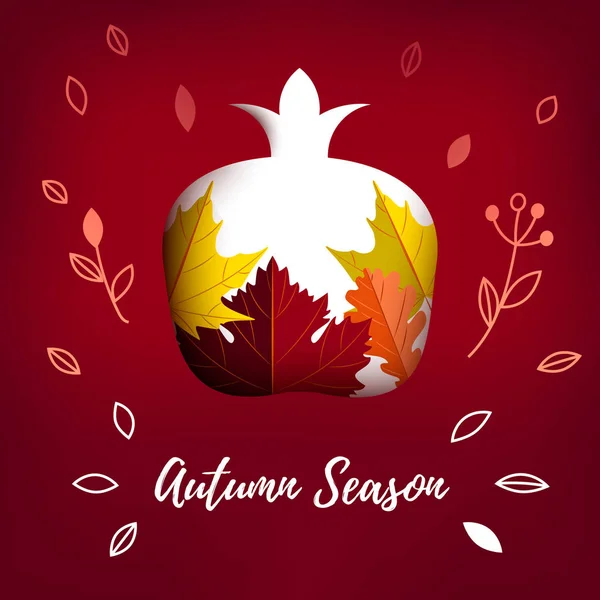 Autumn banner with pomegranate and autumn leaves. Vector illustr