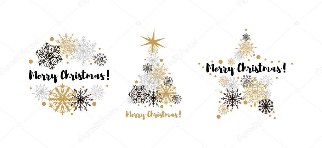 Set of Merry Christmas and Happy New Year design elements with beautiful golden snowflakes isolated on white background. Christmas design for banners, posters, massages, postcards, announcements, logo, prints, corporate stile. Space for text