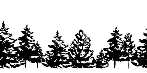 Árbol de Navidad dibujado a mano borde sin costuras aislado en la espalda blanca — Vector de stock