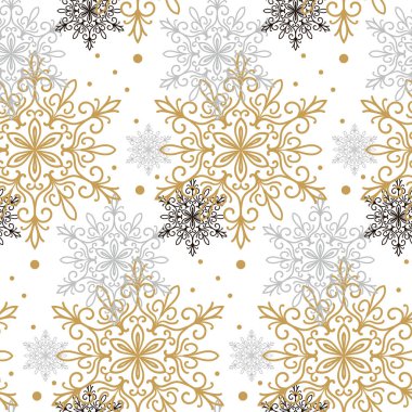 Altın, siyah ve gri kar tanelerinin izole ettiği kusursuz desenler.