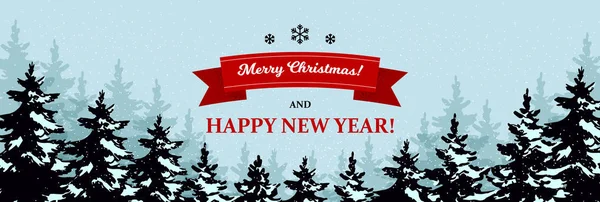 크리스마스 트리와 글씨체로 된 역 스타일의 아름다운 크리스마스 수평 인사말 카드입니다. 문자의 위치를 알려 줍니다. 손으로 그린 요소들을 그린 벡터 삽화. — 스톡 벡터