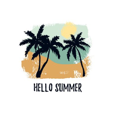 Merhaba yaz tasarımı soyut plaj manzarası ve el yapımı elementler. Vektör illüstrasyonu