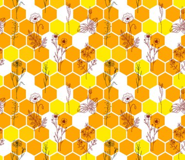 El çizimi çayır çiçekleri ile kusursuz desenli bal peteği. Vahşi bal arka planı. Geometrik altıgenlerin vektör çizimi