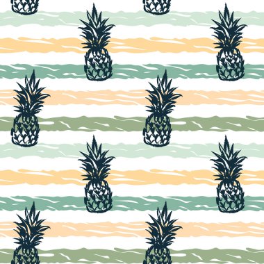 Tropik çizgili ananas renkli, dikişsiz desen. El çizimi öğelerle yaz tasarımı. Pastel renklerde vektör illüstrasyonu.