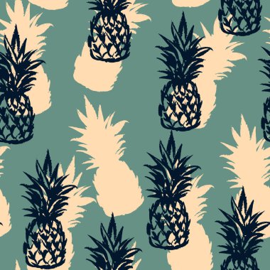 Tropik renkli dikişsiz ananas deseni. El çizimi öğelerle yaz tasarımı. Pastel renklerde vektör illüstrasyonu.