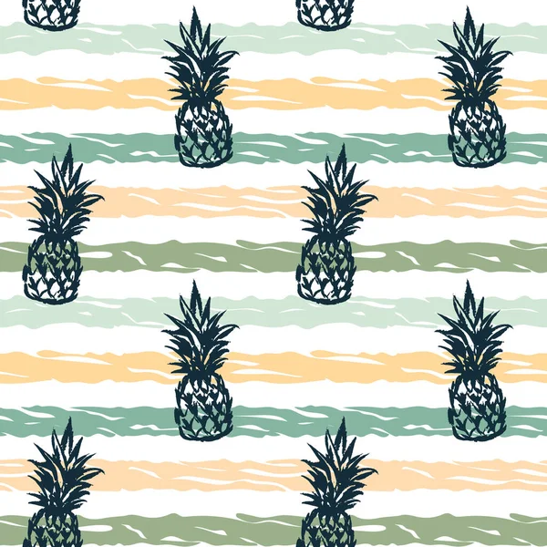 Tropical Striped Pineapple Colorful Seamless Pattern Summer Design Hand Drawn — Stock Vector