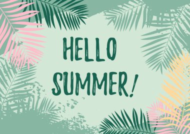 Elle çizilmiş tropik palmiye ağaçları ile renkli bir yaz afişi. Merhaba yaz mesajı. Metin için boşluk