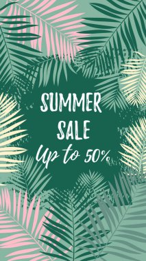 Tropikal palmiye ağaçları olan sosyal medya hikayeleri için renkli bir yaz tasarımı şablonu. Metin için alanı olan egzotik çerçeve