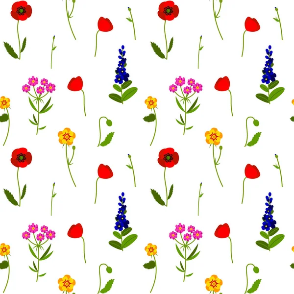 Meadow Wildflowers Colorful Seamless Pattern Summer Design Poppy Lavender Buttercup — Stock Vector