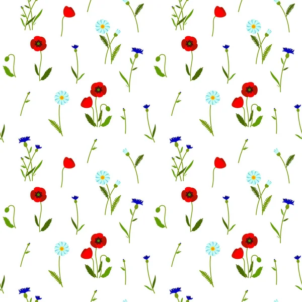 Pradera Flores Silvestres Patrón Inconsútil Colorido Diseño Verano Con Amapola — Vector de stock