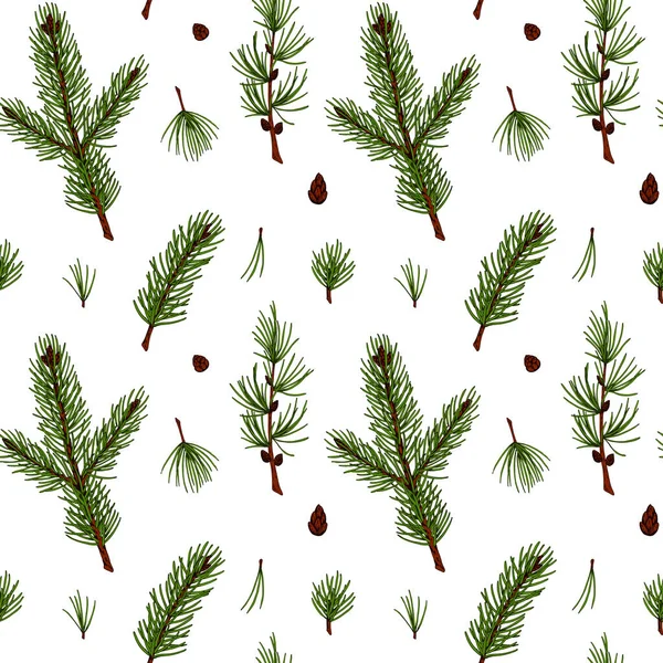 Hand Drawn Forest Christmas Seamless Pattern Fir Tree Larch Branches — Stock Vector