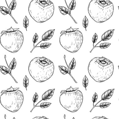 Elle çizilmiş hurma meyveleri ve yapraklarla klasik dikişsiz desen. Robot resim biçiminde vektör illüstrasyonu.