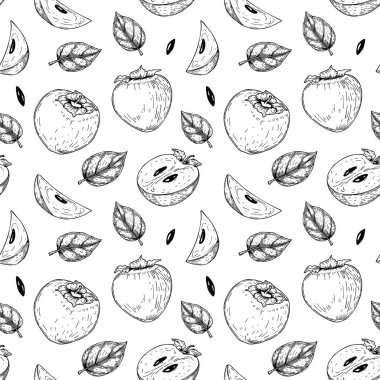 Elle çizilmiş hurma meyveleri, dilimler ve yapraklarla klasik dikişsiz desen. Robot resim biçiminde vektör illüstrasyonu. 