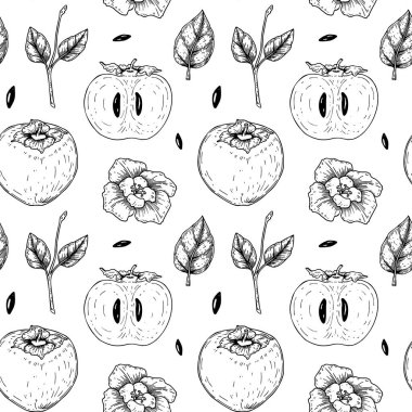 Elle çizilmiş hurma meyveleri, dilimler ve yapraklarla klasik dikişsiz desen. Robot resim biçiminde vektör illüstrasyonu. 