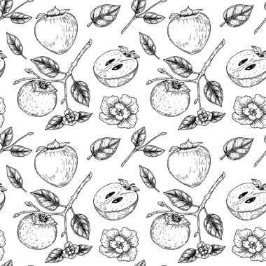 Elle çizilmiş hurma meyveleri, dilimler ve yapraklarla klasik dikişsiz desen. Robot resim biçiminde vektör illüstrasyonu. 