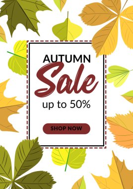 Renkli yapraklı sonbahar dikey satış tasarımı. Mesaj için yer. Vektör illüstrasyonu