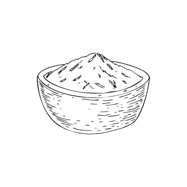 El yapımı kurutulmuş baharatlar, beyazın üzerinde izole edilmiş bir kaseye yığılmış. Robot resim biçiminde vektör illüstrasyonu.