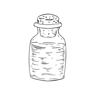 Elle çizilmiş şişe, gerekli yağ ve ilaçlar için bir durdurucuyla kapatılmış. Robot resim biçiminde vektör illüstrasyonu