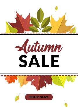 Renkli yapraklı sonbahar dikey satış tasarımı. Mesaj için yer. Vektör illüstrasyonu