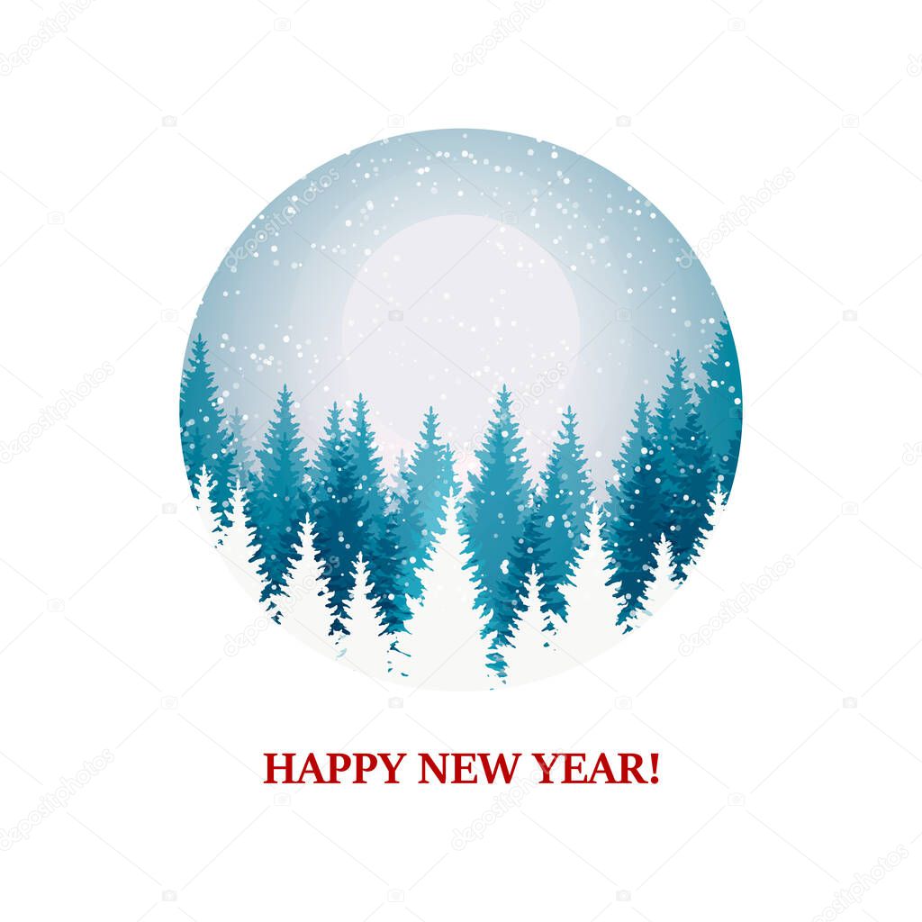 Merry Christmas and Happy New Year design with beautiful winter scenery. Blue Christmas tree landscape with snow. Vector illustration with hand drawn elements