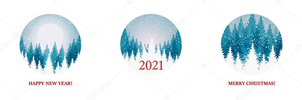 Pack of Merry Christmas and Happy New Year designs with beautiful winter scenery. Blue Christmas tree landscape with snow. Vector illustration with hand drawn elements