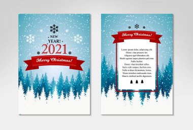 Bir paket mutlu noeller ve güzel kış manzaralı yatay tebrik kartları. Karlı mavi Noel ağacı manzarası. Elle çizilmiş ögelerle vektör illüstrasyonu