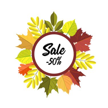 Sonbahar satış çemberi etiketi beyaz arka planda izole edilmiş renkli yapraklar. Vektör illüstrasyonu