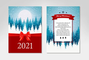 İki taraflı Mutlu Noeller ve güzel kış manzaralı dikey tebrik kartı. Karlı mavi Noel ağacı manzarası. Elle çizilmiş ögelerle vektör illüstrasyonu