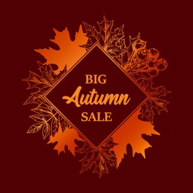Koyu kırmızı arka planda yapraklar ve böğürtlenlerle el yapımı altın sonbahar satışı tasarımı. Robot resim tarzında vektör illüstrasyonu. Çiçek çerçevesi