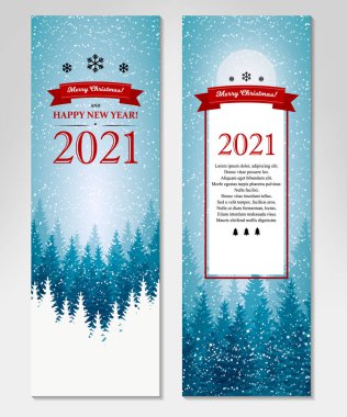 İki taraflı Mutlu Noeller ve güzel kış manzaralı dikey tebrik kartı. Karlı mavi Noel ağacı manzarası. Elle çizilmiş ögelerle vektör illüstrasyonu