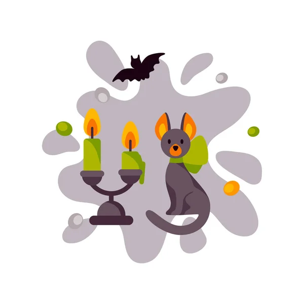 Diseño Colorido Halloween Con Gato Velas Murciélago Ilustración Vectorial — Archivo Imágenes Vectoriales