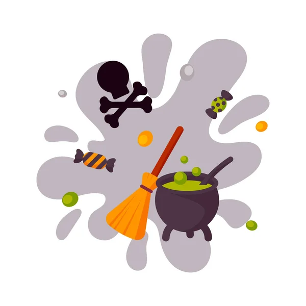 Desenho Halloween Colorido Com Pote Com Veneno Vassoura Crânio Ossos — Vetor de Stock