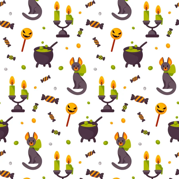 Halloween Schattig Naadloos Patroon Met Een Kat Pot Met Gif — Stockvector