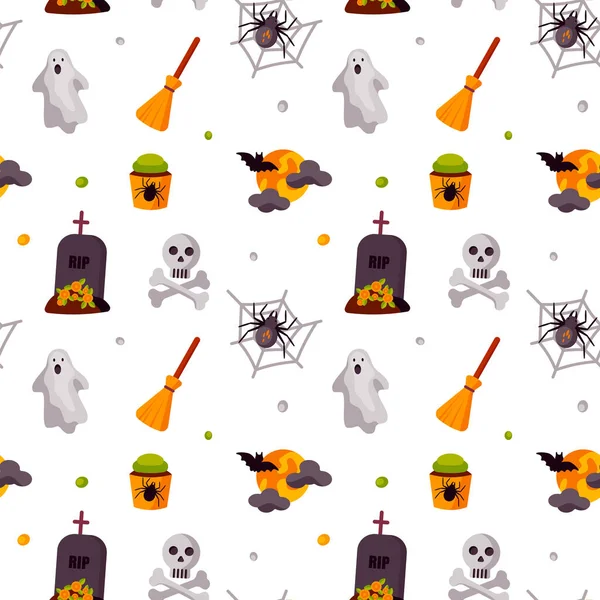 Halloween Cute Bezszwowy Wzór Czaszki Kości Miotła Duch Księżyc Nietoperz — Wektor stockowy