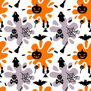 Beyaz arka planda örümcek ağı, mum, hayalet, yarasa, balkabağı, kafatası ve çapraz kemikleri olan kusursuz bir cadılar bayramı deseni. Çocuklar giysi, ambalaj kağıdı, tekstil, kumaş, duvar kağıdı için tasarım yaparlar. Vektör illüstrasyonu