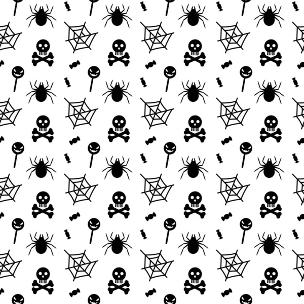 Halloween Nahtlose Muster Mit Einer Spinne Netz Bonbons Totenkopf Und — Stockvektor