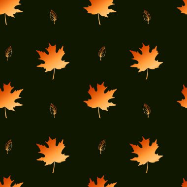 Koyu yeşil arka planda elle çizilmiş altın akçaağaç yapraklarıyla kusursuz desen.