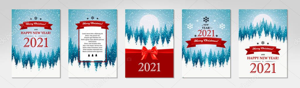 Pack of Merry Christmas and Happy New Year vertical greeting cards with beautiful winter scenery. Blue Christmas tree landscape with snow. Vector illustration with hand drawn elements