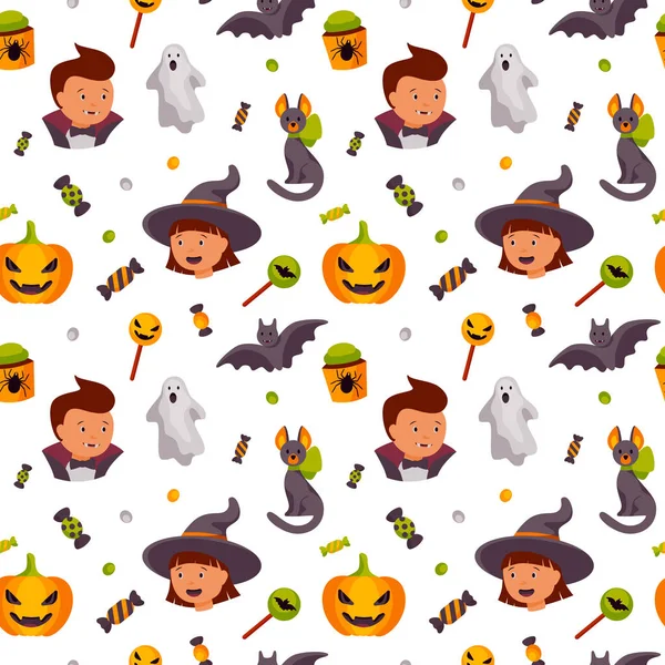 Halloween Süße Nahtlose Muster Mit Kindern Katze Kürbis Und Süßigkeiten — Stockvektor