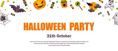 Cadılar Bayramı şirin yatay afişi. Mesaj için yer var. Vektör illüstrasyonu