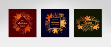 Yaprak ve böğürtlenli altın sonbahar tasarımları. Robot resim tarzında vektör illüstrasyonu. Çiçek çerçevesi