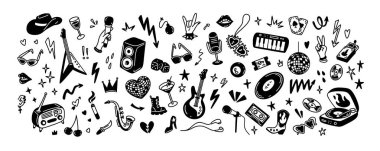 Rock and rall retro parti el karalama arka planı. Müzik kutlaması davetiyesi poster tasarımı. Elektro gitar, kovboy şapkası, vinil boya kalemi çizimi. Bekarlığa veda partisi