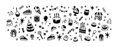 Güzel bir el çizgisi, doğum günü pastası çizimi ikonu ve diğer ikramlar. Çocuk, çocuk, ilkokul, anaokulu kutlama partisi tasarımının ana hatları. Kahvaltıda estetik yemekler. Konfeti karalaması