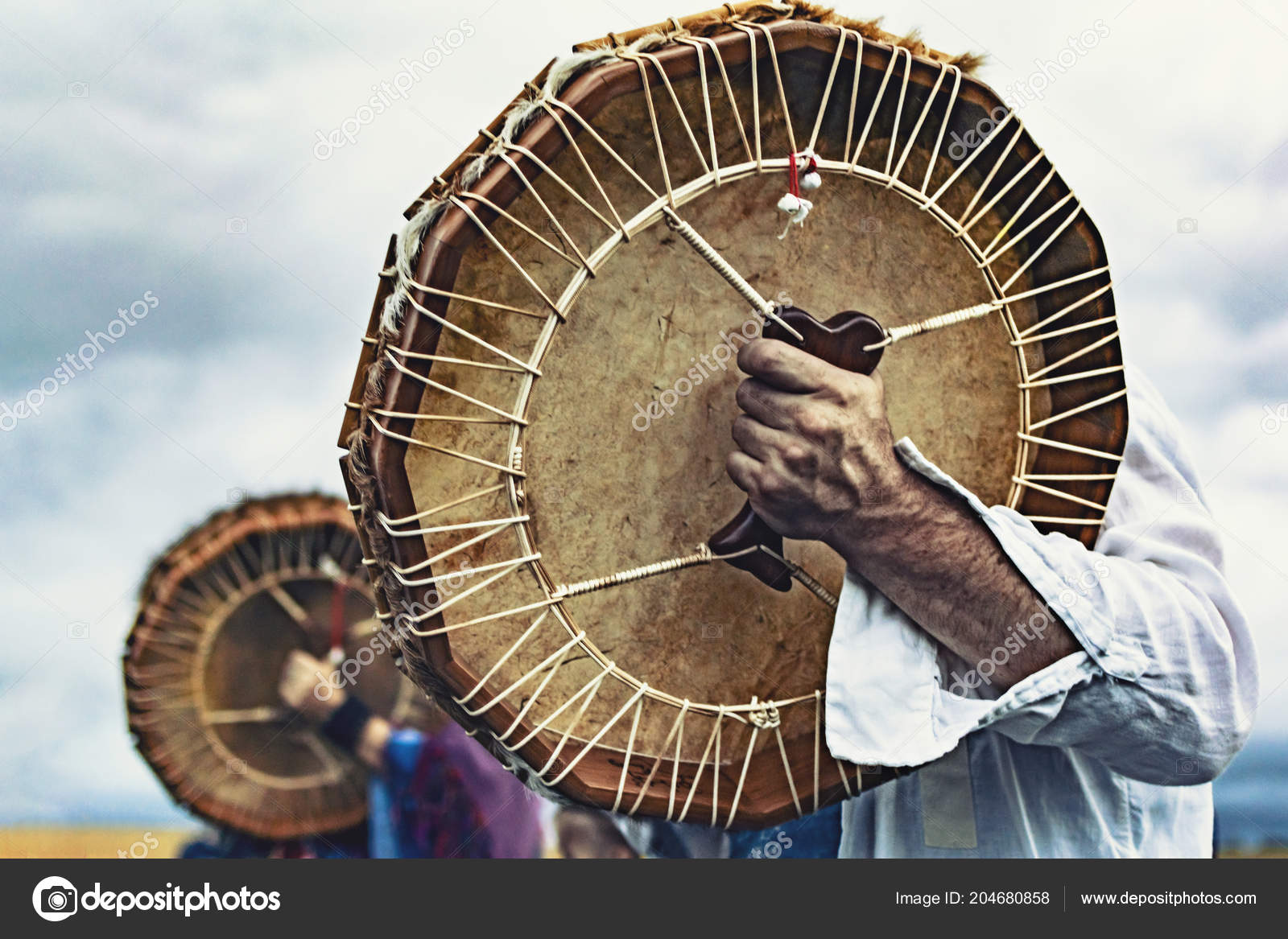 Shamanic Drums Shamans Hands Ritual Close Stock Photo by