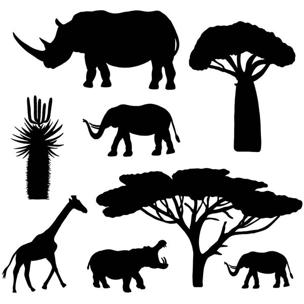 Silhouettes of African animals and trees