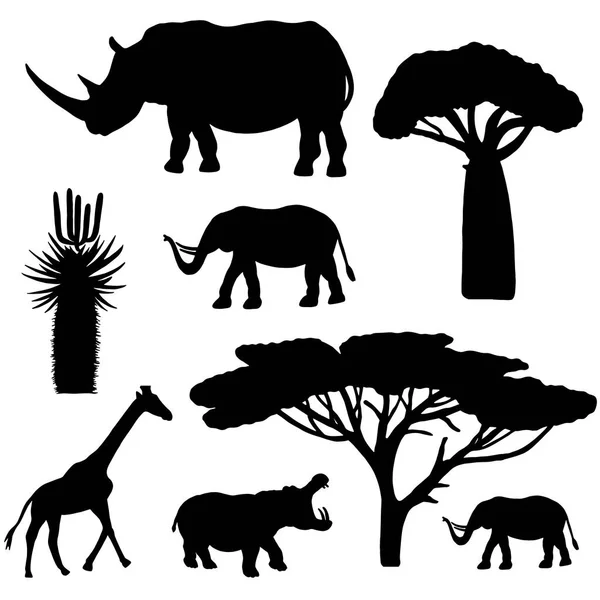 Siluetter Afrikanska Djur Och Träd — Stock vektor