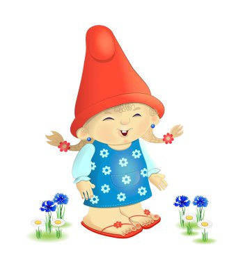 Bir cüce kız, kırmızı kap karakter bahçe cini, küçük kız, güzel rakam