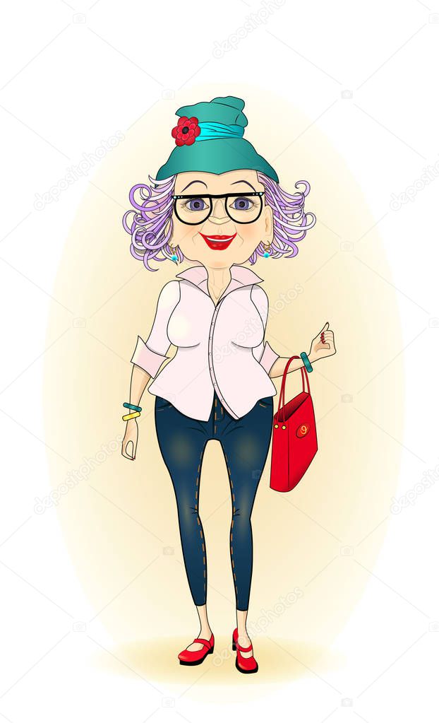 Illustration character,Vector character grannie ,Funny modern grandmother,beautiful granny,modern old woman